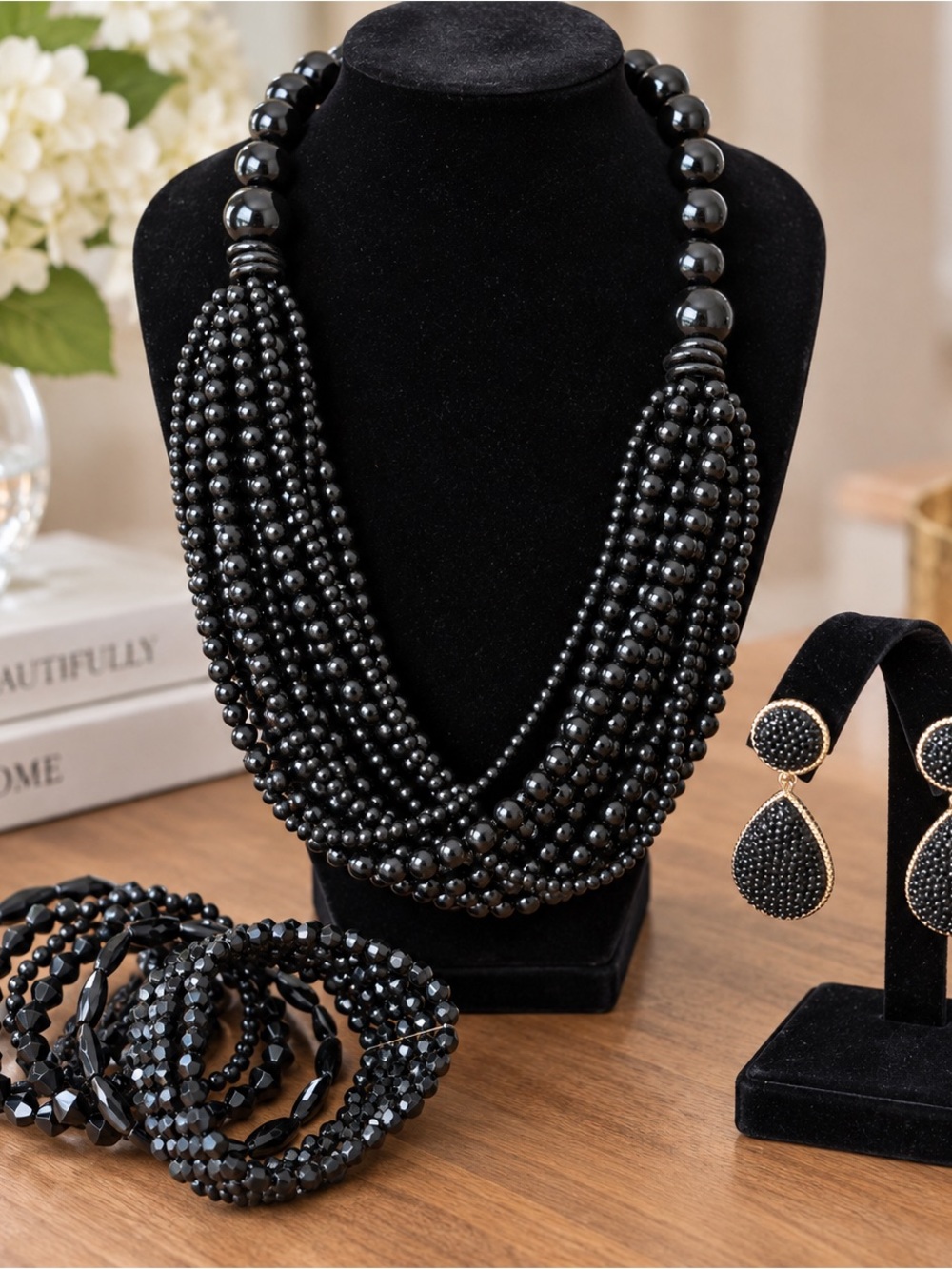 Black Statement Costume Jewelry Set – Multi-Strand Necklace, Earrings & Bracelet